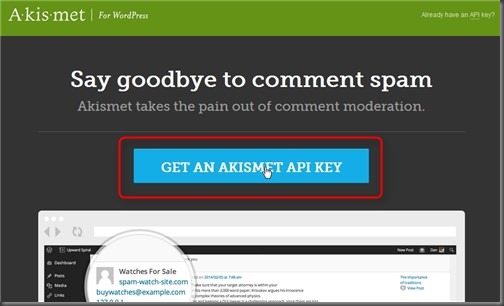 「Get AN AKISMET API KEY」をクリック